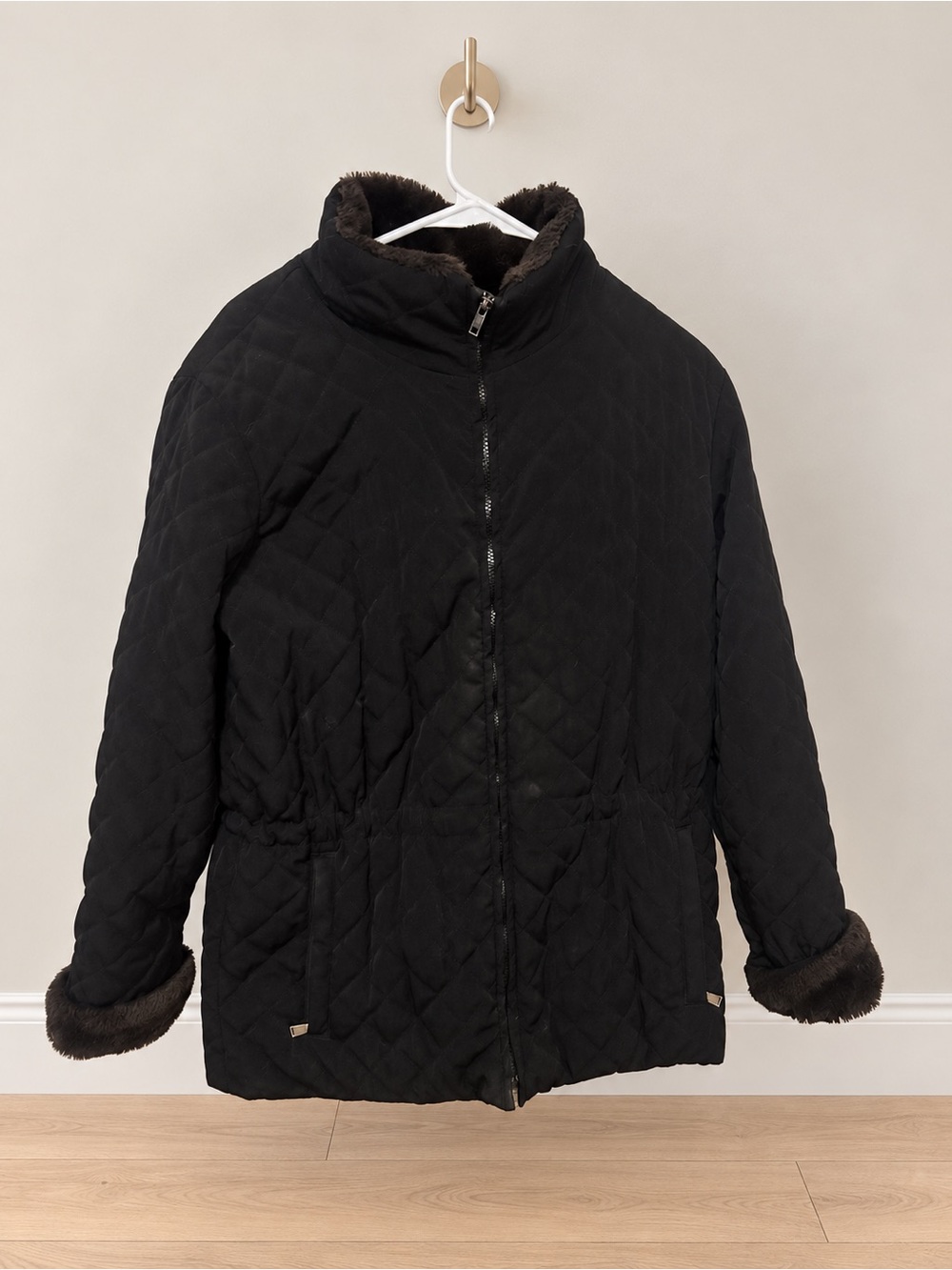 Marc New York Black Quilted Puffer Coat with Faux Fur Trim
